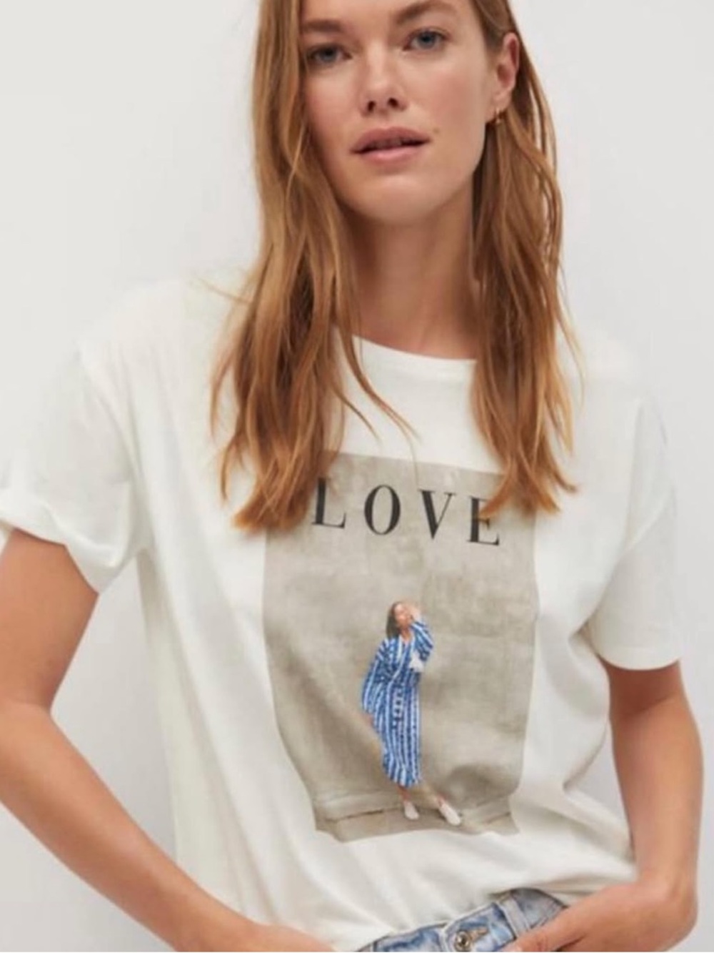 Mango White Graphic Tee with Blue Print